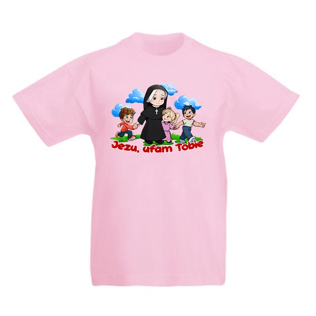 Koszulka dziecięca S.Faustyna z dziećmi różowa